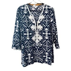 Charter Club Navy Blue White Tunic Sz L Linen Embroidery V Neck Beach Vacation
